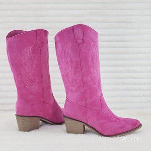 Wild Ones Fuchsia Pink Faux Suede Pull On Mid Calf Cowboy Cowgirl Boots